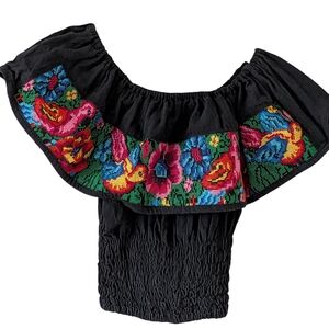 Embroidered Off The Shoulder Crop Top Floral Peasant Eclectic Bohemian